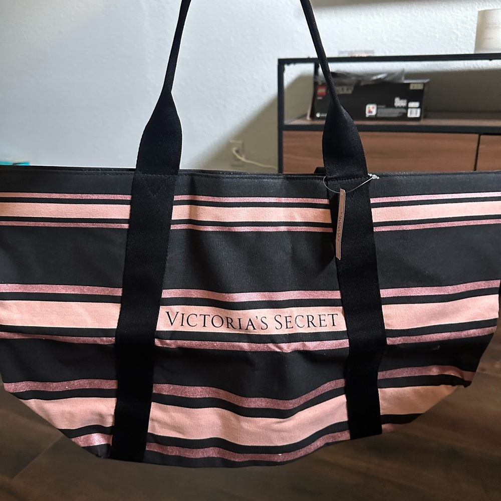 Victoria's Secret Black and Pink Tote Bag with Striped Design